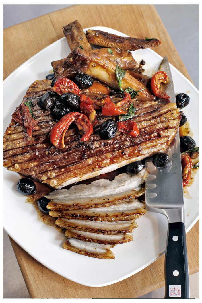 Sticky Roast Pork Belly with Tomatoes &#038; Olives Featured Image - Full Image