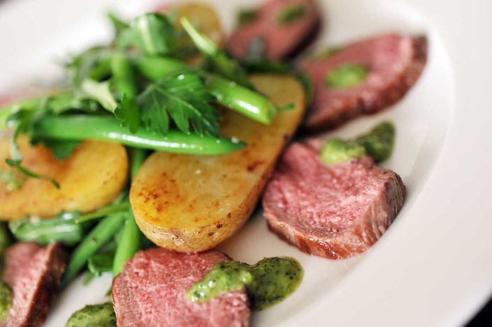 Lamb Loin with Rocket, New Potatoes and Salsa Recipe Featured Image - Full Image