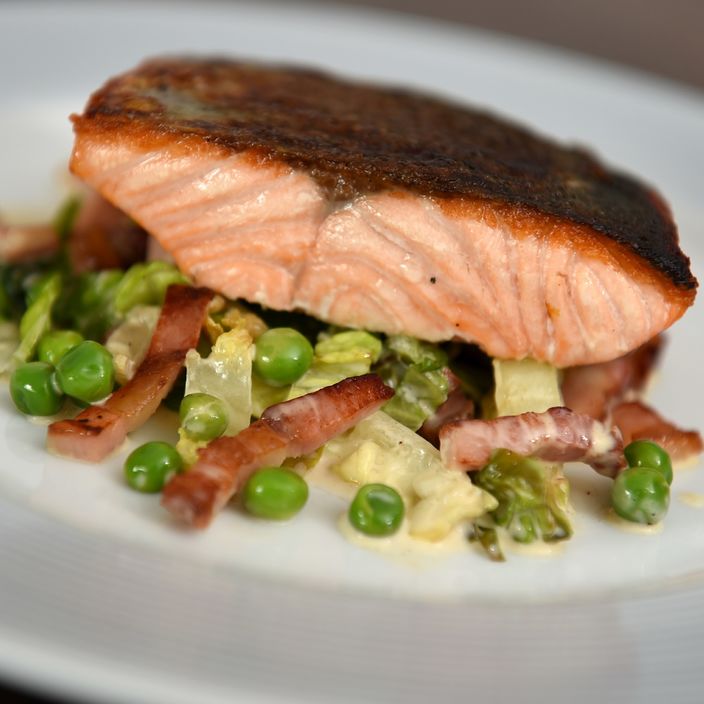 Fillet of Salmon with a Pancetta, Pea &#038; Baby Gem Stew Featured Image - Full Image
